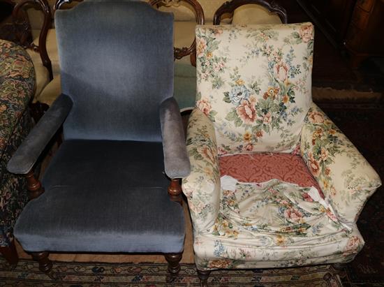 2 late Victorian mahogany framed low armchairs(-)